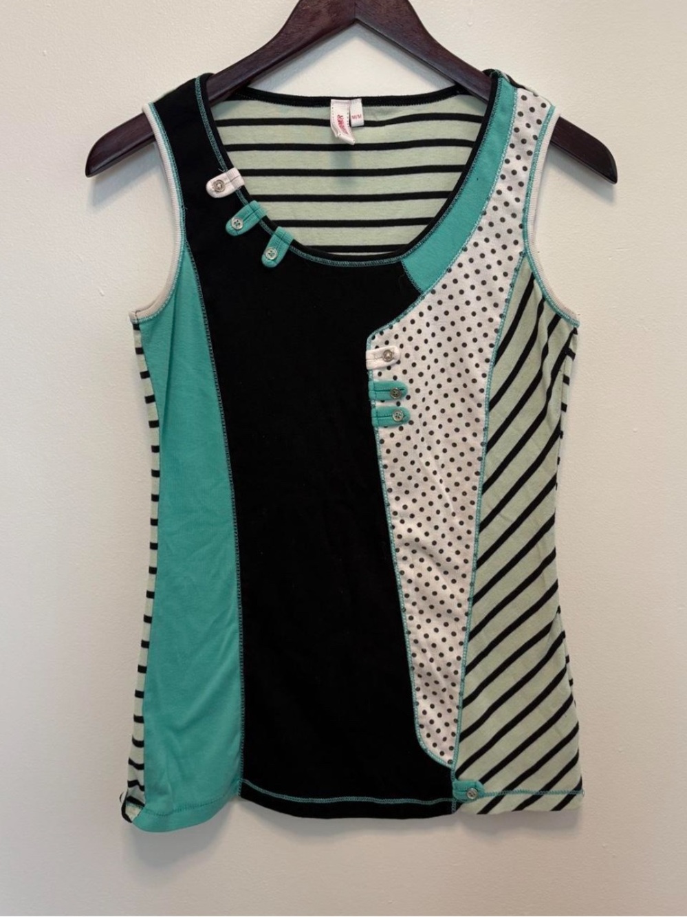 Striped & Polka Dot Teal Black Patchwork Tank Top